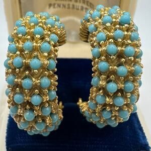 Vintage Victorian Revival gold tone faux turquoise hoops clip on earrings